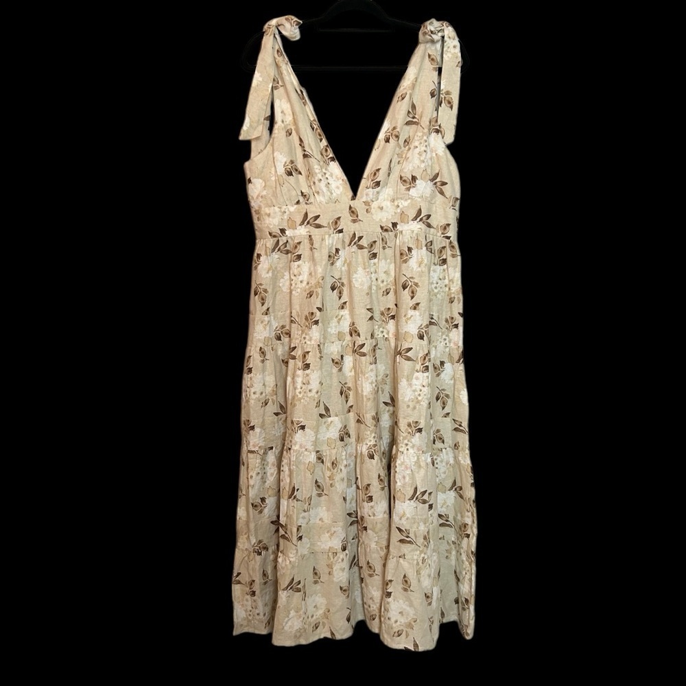 House of Harlow 1960 Cream and Brown Floral & Leaf Tiered Linen Blend Maxi Dress - Picture 2 of 16